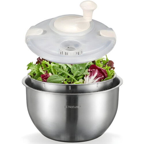 HI NATURE™ Slacentrifuge - 100% RVS Core Rotare Salade Spinner | Sla-centrifuge met Roestvrijstalen Binnenmand | Salade droger met RVS Zeef- Inclusief
