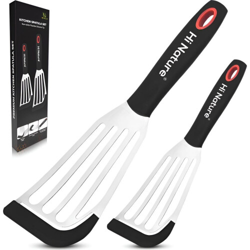 HI NATURE™ Spatels - Premium Roestvrijstalen Spatel set met Siliconen tip - Grillspatel - Visspatel | Hittebestendig - Vaatwasserbestendig Spatelset |