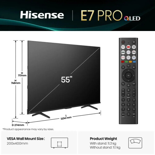 Hisense 55e7qtpro - 55 Inch - 4k Qled - 144hz - Vidaa Smart Tv | Nieuw (outlet)