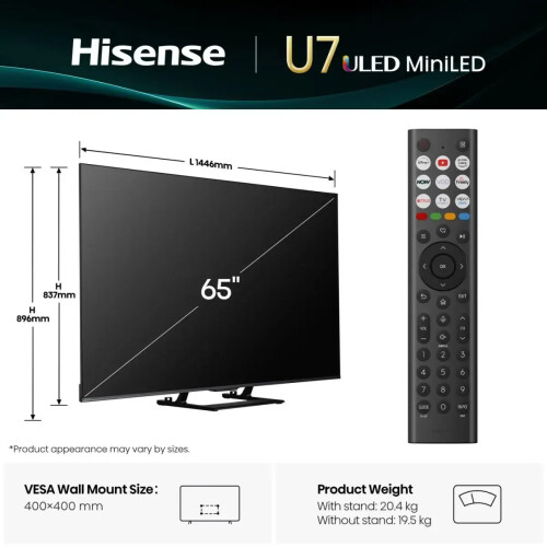 Hisense 65u7qtuk - 65 Inch - 4k Qled - 144hz - Smart Tv - Vidaa | Nieuw (outlet)