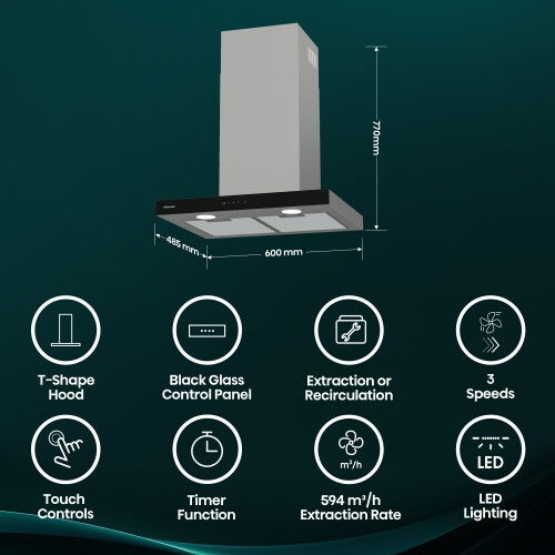 Hisense Ch6t14bxb - Wandschouw Afzuigkap - 60 Cm - Led - 68 Db | Nieuw (outlet)