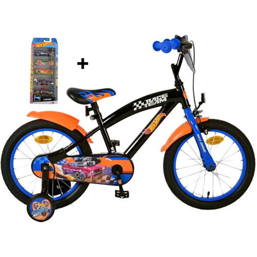 Hot Wheels 16 inch Kinderfiets - Jongens - Handrem en Zijwieltjes - Zwart/Blauw/Oranje + gratis 5 pack auto Tweedehands