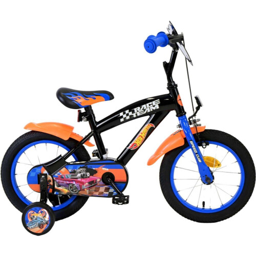Hot Wheels Kinderfiets - 14 Inch - Jongens - Handrem en Zijwieltjes - Zwart Oranje Blauw