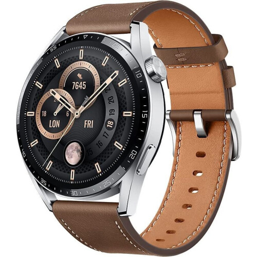 Huawei Watch GT 3 46 mm zilver met leren bandje bruin