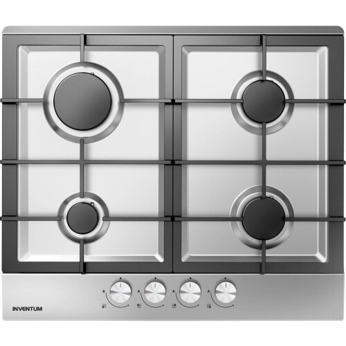 Inventum IKG6023GRVS - Inbouw gaskookplaat - 4 kookzones - Gietijzeren pandragers - RVS/Zwart