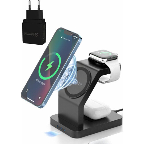 iSetchi Draadloze Oplader 3-in-1 - Geschikt voor MagSafe iPhone (8-16), Apple Watch&Airpods - Laadstation Met QC 3.0 adapter - Qi Oplaadstation - 15W Wireless Fast Charger - Snellader