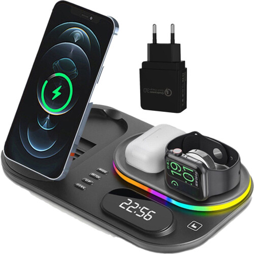 iSetchi Draadloze Qi Oplader 15 Watt Snellader (4-in-1) - Met Quick Charge 3.0 adapter, LED Klok&LED Lamp - Qi Oplaadstation