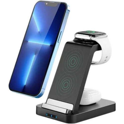 iSetchi PowerDock Draadloze Oplader met 15 Watt Snelladen (3-in-1) - Laadstation met QC 3.0 Adapter - Qi Oplaadstation - Snellader - Wireless Fast Charger Geschikt voor Apple iPhone, AirPods&Apple Watch Tweedehands