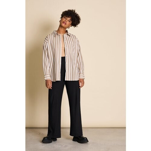 JAN 'N JUNE dames vegan Blouse Mamro Wit Camel Gestreept Tweedehands