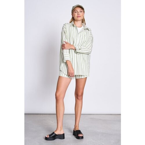 JAN 'N JUNE dames vegan Oversized Overhemd Mamro Pistache Gestreept Tweedehands