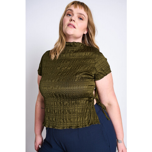 JAN N JUNE dames vegan T-Shirt Smocked Fern Rozemarijn Tweedehands