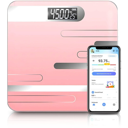 Jor Quality Digitale Personenweegschaal - Slimme Weegschaal met 17x Lichaamsanalyse - USB Oplaadbaar Bluetooth - Roze Tweedehands