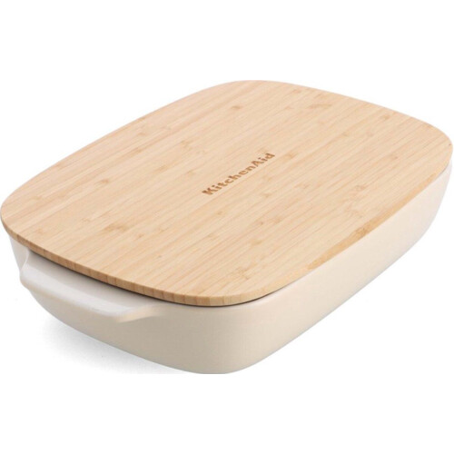 KitchenAid Ovenschaal - Steengoed met bamboe deksel - 15x24.1 cm - almond cream Tweedehands