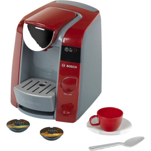Klein Toys Bosch Tassimo koffiemachine - Koffiezetapparaat met geluidseffecten - 20x16x20 cm - Rood Grijs (2 koffiepads)