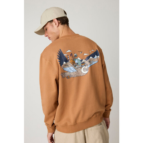 KnowledgeCotton Apparel mannen vegan Sweatshirt Met Relaxte Print Ronde Hals En Leeuwenmotief, Bruin. Tweedehands