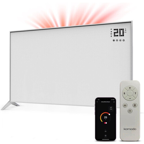 Komodo Blazi - Infrarood Verwarmingspaneel - 800W - 100x60 cm - Verplaatsbaar & Hangend - Thermostaat - LED Display & WiFi App - Wit