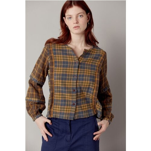 KOMODO dames vegan Top Lotus Biologisch Katoen Flanel Geruit Blauw Geel Tweedehands