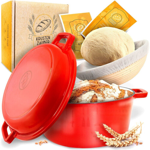 KRUSTENZAUBER Potbrood bakken - Gietijzeren broodbakpan 26 cm met deksel - Inclusief gistingsmand - Licht Rood Tweedehands