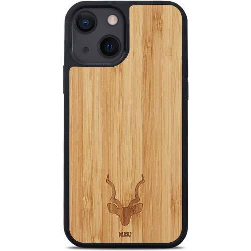 Kudu iPhone 13 MINI hoesje case - Houten backcover - Geschikt voor opladen met magnetische ring - Handgemaakt en afgewerkt met duurzaam TPU - Bamboe - Zwart