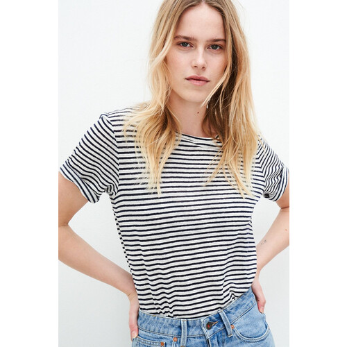 Kuyichi dames vegan T-Shirt Olivia Gestreept Wit & Indigo Blauw Tweedehands