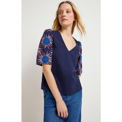 Lanius dames vegan Blouse Bloem Blauw Tweedehands