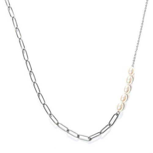Laura Ferini Dames Ketting Perla - Asymmetrische Schakelketting met Parels - 18K Wit Verguld - Zilver