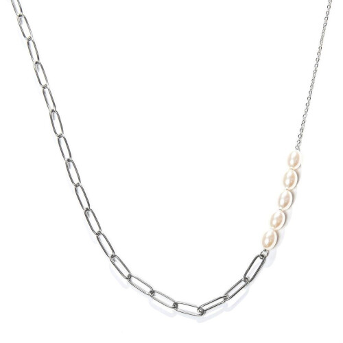 Laura Ferini Dames Ketting Perla Zilver - Zilverkleurige Asymmetrische Schakelketting met Parels - 18K Wit Verguld - Halsketting - Collier - Sieraad - Accessoires - Dames Ketting met Parels Tweedehands