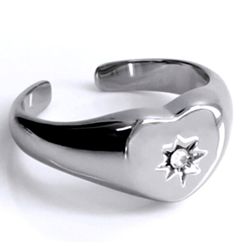 Laura Ferini Lana - Verstelbare Zegelring met Hartje en Zirkonia - Waterproof RVS - Zilverkleurig (1 stuk)