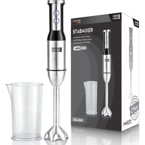 LEBENLANG Handmixer 1000W– Roestvrijstalen Staafmixer met Splash Guard, 8 Snelheden + Turbofunctie