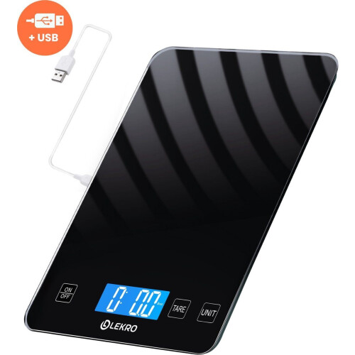 Lekro Keukenweegschaal Digitaal - USB Oplaadbaar - 1g-15kg - Tarra - Zwart