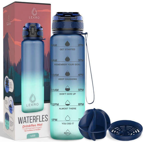 Lekro Motivatie Waterfles 1 Liter - Drinkfles met Tijdmarkeringen en Fruitfilter - 100% Lekvrij - Blauw