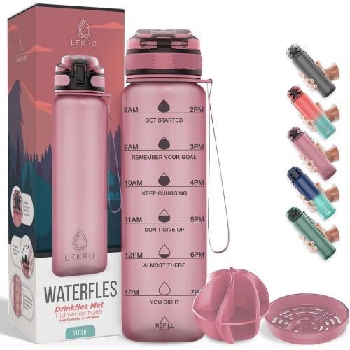 Lekro Motivatie Waterfles - Drinkfles 1 Liter - Tijdmarkeringen Fruitfilter - Rosé Goud