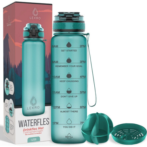 Lekro Motivatie Waterfles - Drinkfles met Tijdmarkeringen en Fruitfilter - 1 Liter - Turquoise