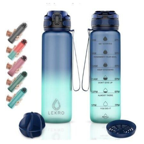 Lekro Waterfles - 1 Liter - Tijdmarkeringen - Blauw