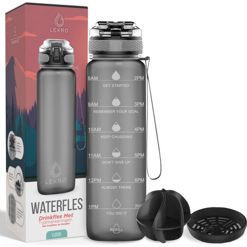 Lekro Waterfles - Drinkfles met Tijdmarkeringen & Fruitfilter - 1 Liter - Grijs Tweedehands