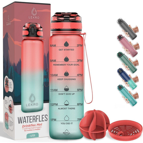 Lekro Waterfles Motivatie - Drinkfles met Tijdmarkeringen en Fruitfilter - 1 Liter - Roze/Blauw