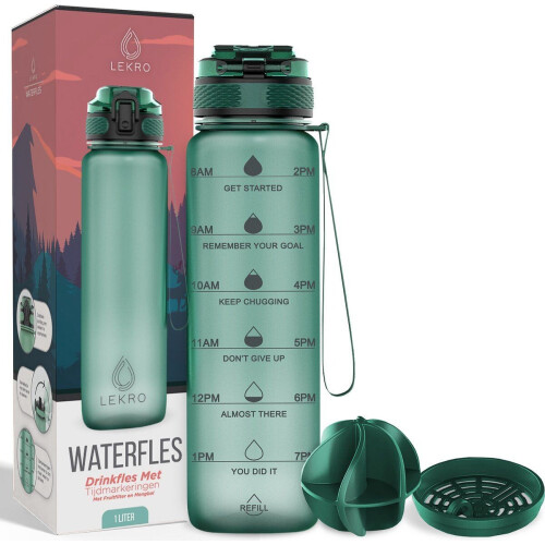 Lekro Waterfles - Motivatie Drinkfles met Tijdmarkeringen en Fruitfilter - 1 Liter - Groen