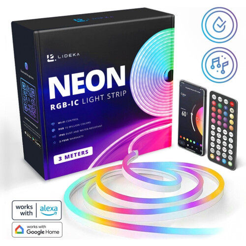 LIDEKA - LED Strip 3 Meter - NEON RGBIC met Afstandsbediening - IP68 - Gaming Lichtstrip met App