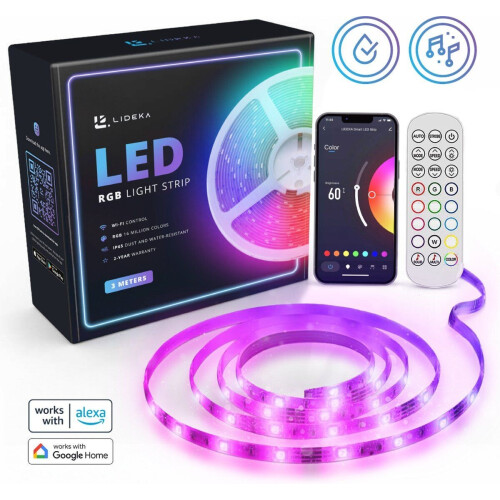 Lideka® - LED Strip 3 Meter - RGB - Google&Alexa - incl. Afstandsbediening - Zelfklevend - 90 Leds - 50K Branduren - 12V (1 stuk)