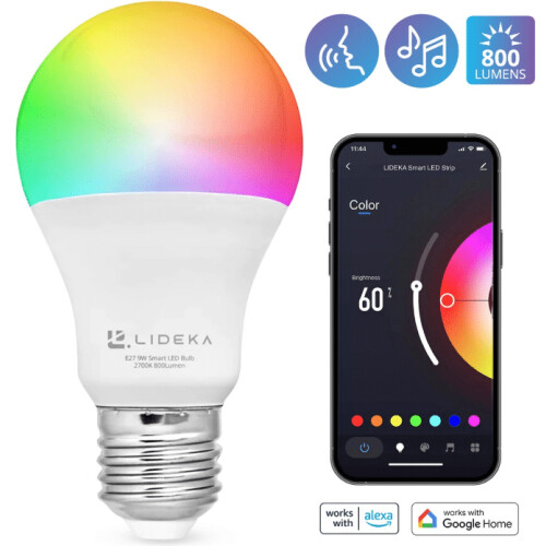 lideka smart bulb E27 9W Lideka, LED Lamp E27, met App, Dimbaar, 9W, 800L,,, Tweedehands