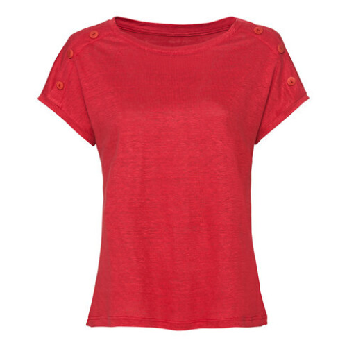 Linnen-jersey shirt met sierknopen op de mouw en ronde hals Tweedehands