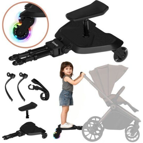 Lionelo Buggy Board - Meerijdplankje - Zit- en Sta-optie - Universeel - LED-wielen - Verstelbaar Zitje - Antislip Platform - Tot 25 kg - 2-5 jaar