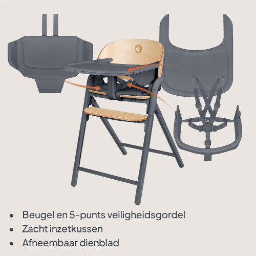 LIONELO Celia 3-in-1 Houten Kinderstoel (6 maanden-110 kg) Meegroeistoel, Verstelbare Hoogte&Voetsteun, 5-punts Gordel, Afneembaar Dienblad, Eenvoudig Schoon te Maken, Grijs