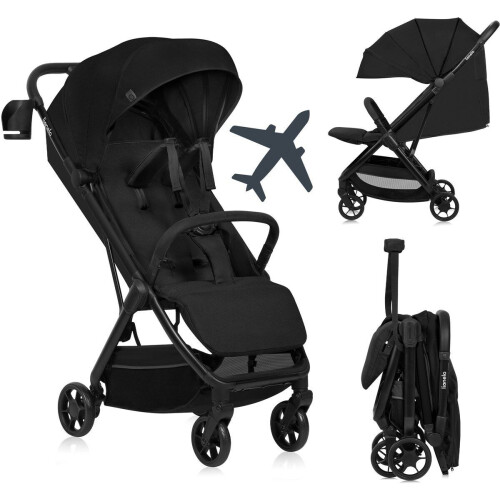Lionelo Julie Air - Ultralichte Buggy - Auto-Folding - Slechts 7,5 kg - Verstelbare Rugleuning - XXL Zonnescherm UPF50+ - Zwart