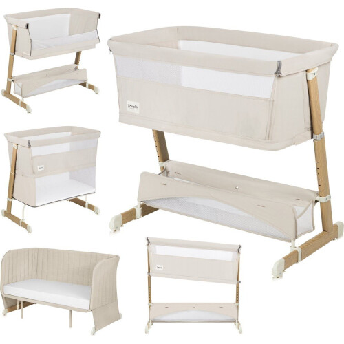 Lionelo Thomi Plus 5in1 - Meegroeibed Co Sleeper Babybed Baby Box Peuterbed Bank - 7 hoogtes 2x matrassen T25 Verstelbare Poten Ademend Afritsbare Zijkant Opbergmand Wielen Wasbare Bekleding tot 100 kg - Beige Tweedehands