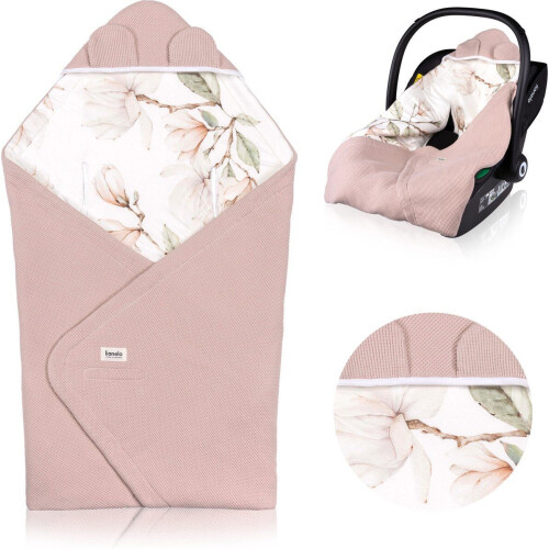 Lionelo Travel Swaddle Blanket - Omslagdoek voor Autostoel & Kinderwagen - 100% Katoen & Bamboe - TOG 2.5 - Hypoallergeen - Beige - Verstelbaar met Klittenband - 90x90 cm
