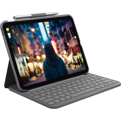 Logitech Slim Folio - Toetsenbord - Full-Size Toetsen met iPadOS-sneltoetsen - Grijs Tweedehands