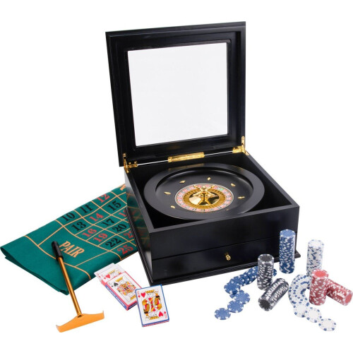 Longfield Games Roulette Set - Roulette Bak 36 cm - Kleed 130 x 90 cm - 200 Fiches - Luxe Zwarte Houten Opbergkist Tweedehands