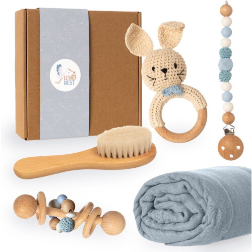 Love Nest Kraamcadeau - Baby Geschenkset 5-delig - Bijtring Rammelaar Speenkoord Knuffeldoekje - Bruin