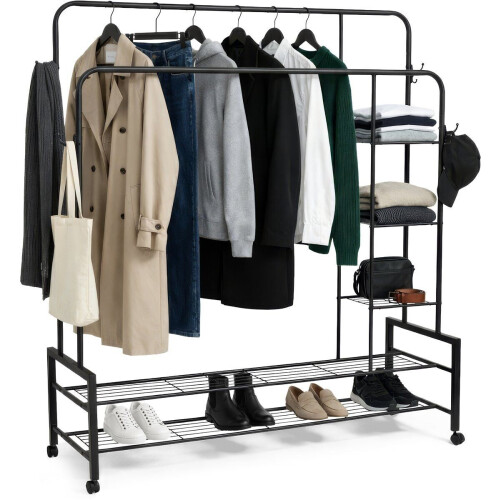 Lumeva XXL Kledingrek - Dubbel Garderoberek met Schoenenrek&Planken - Metaal Zwart 150x50x162 cm